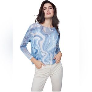 Kate Kasin long sleeve sexy sheer blouse in a blue marble print. Medium
